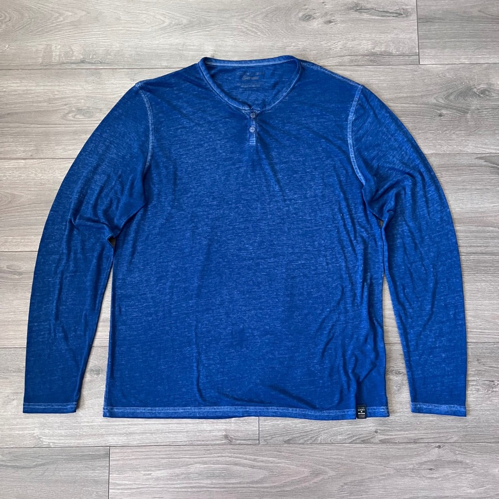 Lucky Brand Venice Burnout Henley Shirt Mens Large Blue Long Sleeve Casual